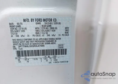 2025 Ford Maverick Xlt z USA, uszkodzony, nr VIN 3FTTW8J30SRA47986